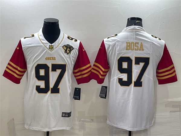 Men%27s San Francisco 49ers #97 Nick Bosa White Gold Edition With 75TH Patch Limited Stitched Football Jersey